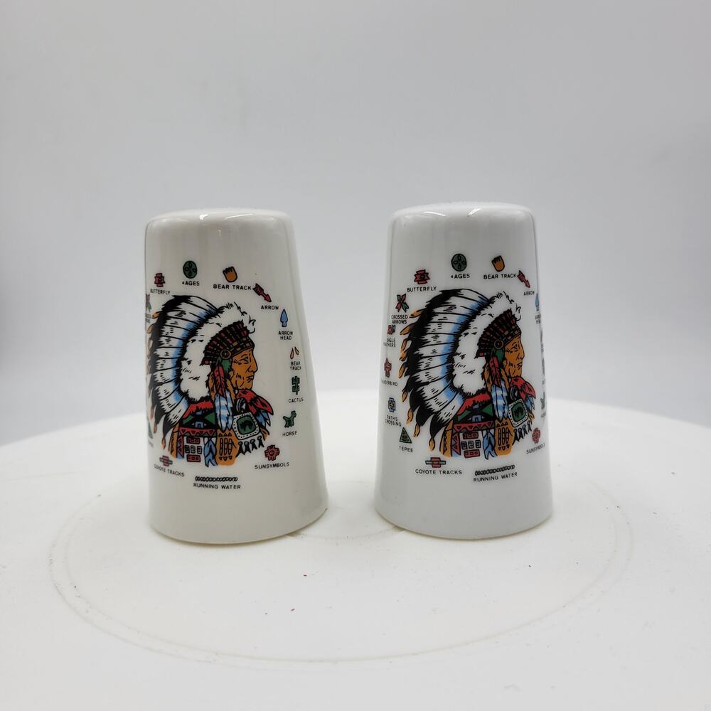 Vintage Native American Chief w/ Headdress & Symbols Salt and Pepper Shakers Set